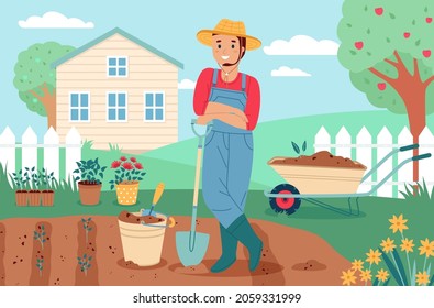 Garden work. Gardener man works on vegetable beds, planting plants and flowers, male farmer character with shovel in backyard, horticultural inventory, vector cartoon flat isolated concept