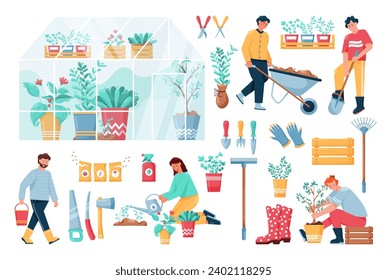Garden work. Gardening equipment. Agriculture workers. Woman planting trees and watering seeds. Man digging grounds. Flowers cultivation in greenhouse. Seedlings in pots. Vector farming elements set