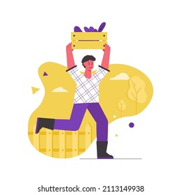 Garden work and growing plants modern flat concept. Man runs and carries crops in wooden box. Agriculture, harvesting and crop production. Vector illustration with people scene for web banner design