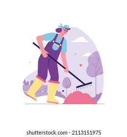 Garden work and growing plants modern flat concept. Woman with rake removing leaves or grass on farm. Agriculture and crop production. Vector illustration with people scene for web banner design