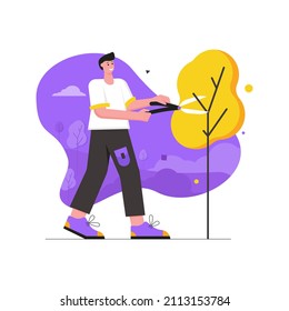 Garden work and growing plants modern flat concept. Man with pruner scissors cutting branches on trees. Agriculture and crop production. Vector illustration with people scene for web banner design