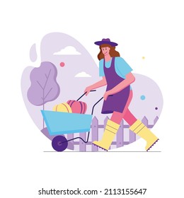 Garden work and growing plants modern flat concept. Woman pushing wheelbarrow with harvest of vegetables. Agriculture and crop production. Vector illustration with people scene for web banner design