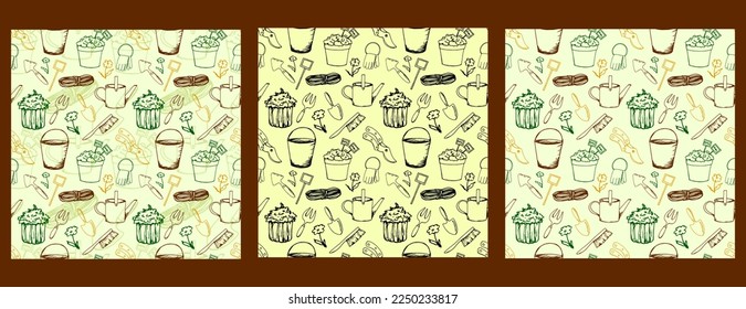 Garden. Work in the garden. Hobby. Seamless vector pattern. Bucket. Shovel. Plants. Rake. Garden supplies. Pattern set. Textile. Print. Doodle.