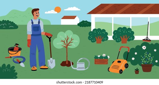 Garden work. Horticulture hobby and lifestyle. Guy in work clothes. Man planting trees in backyard. Plants care agricultural tools. Gardener watering seedlings. Garish