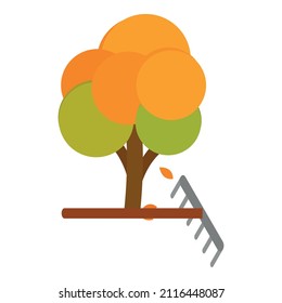 Garden Work Icon Isometric Vector. Yellowed Autumn Tree And Metal Garden Rake. Autumn Yard Work, Cleaning Fallen Leaf