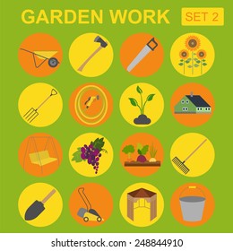 Garden work icon set. Working tools. Vector illustration