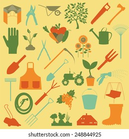 Garden work icon set. Working tools. Vector illustration