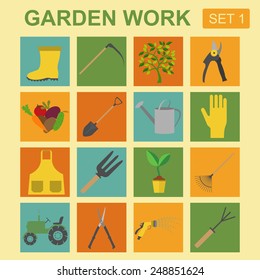 Garden work icon set. Working tools. Vector illustration
