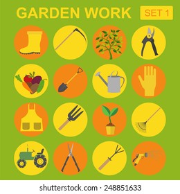 Garden work icon set. Working tools. Vector illustration