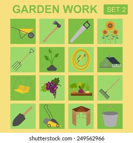 Garden work icon set. Working tools. Vector illustration