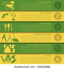 Garden work infographic elements. Working tools set. Vector illustration