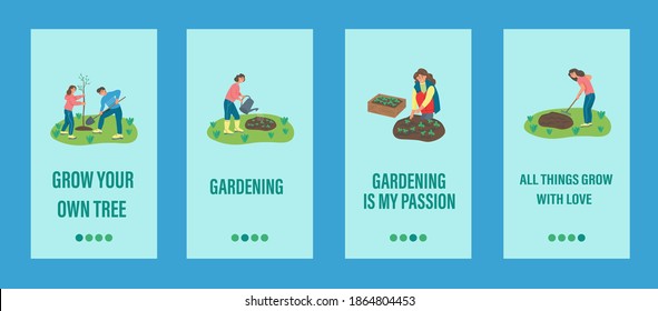 Garden arbeitet mobile App-Vorlage. Die Menschen sind in der Gartenarbeit, der Pflanzung von Bäumen und Pflanzen beschäftigt. Flache Vektorgrafik.