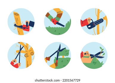 Garden work round icons, hands use professional garden equipment, flat vector illustration. Set of circle icons with chainsaw, shears, scissors. People sawing, pruning and trimming bushes and trees.