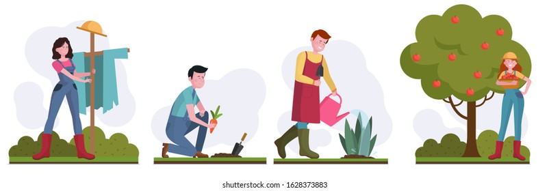 Garden work set. Men and women gathering harvest, watering plants, picking apple flat vector illustration. Farming, agriculture, orchards concept for banner, website design or landing web page