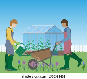 Garden work in springtime. Two persons watering spring bulb flowers with a water can and driving a wheel barrow. Vector Illustration