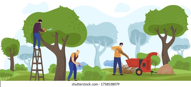 Garden Work Vector Illustration. Cartoon Flat Gardener Workers Group People Working With Gardening Machinery, Trimming Green Tree, Pruning Bush Shrubs And Hedges, Landscape Design Service Background