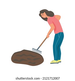 Garden work. A young woman is working in the garden, raking the ground. Flat vector illustration.