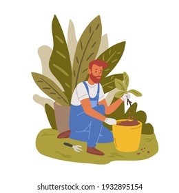 Garden worker cultivating potted plants in garden. Man working in backyard. Handyman in uniform. Colored flat cartoon vector illustration of professional gardener isolated on white background