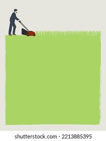 Garden worker mowing lawn with electric push-mower in backyard. Male handyman cutting grass in garden. Professional gardener. Clean yard. Landing Page, Simple graphic, Trendy vector illustration.