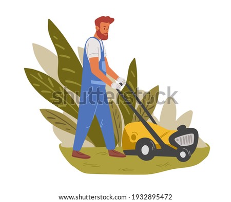 Garden worker mowing lawn with electric push-mower in backyard. Male handyman cutting grass in garden. Colored flat cartoon vector illustration of professional gardener isolated on white background