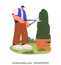 Garden worker takes care of plants. Gardener cuts shrubbery with pruner, secateurs. Young man pruning bush with shears. Guy works with scissors. Flat isolated vector illustration on white background