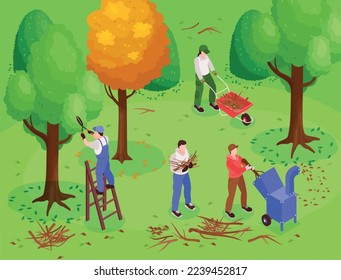 Garden workers background with trimming trees symbols isometric vector illustration