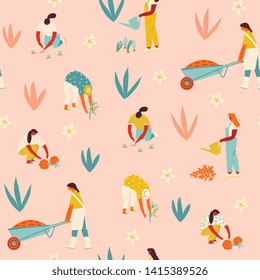 Garden workers seamless pattern. Farmer gardener cartoon girl growing and harvesting vegetables and flowers in the community garden illustration in vector. 