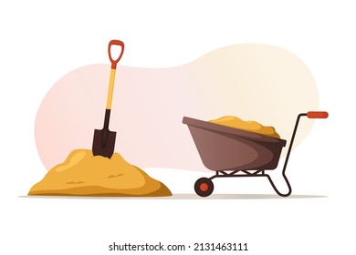 Garden working tools. Garden cart, yellow sand and shovel. Agricultural work. Gardening, housekeeping. Vector illustration for poster, banner, cover, card