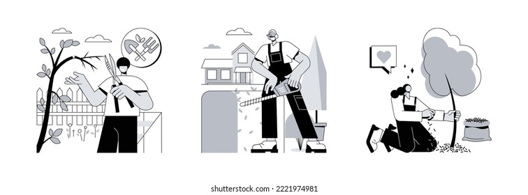 Garden works abstract concept vector illustration set. Cutting trees and shrubs, hedge trimming, mulching plants, weed control, landscape maintenance, broken branches, topiary abstract metaphor.