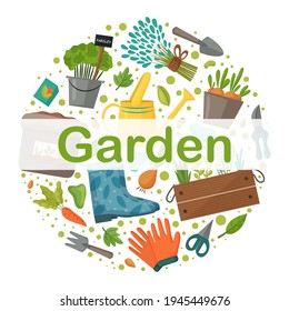 Corona de jardín con herramientas y plantas verdes. El concepto de jardinería o horticultura. Diseño para planilla de volante, logotipo, impresión, embalaje, tarjeta. Ilustración vectorial.