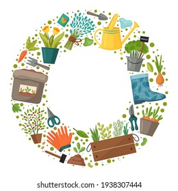 Garden wreath with tools and plants. Gardening or horticulture concept. Design for flyer template, logo, print, packaging, card. Vector illustration.