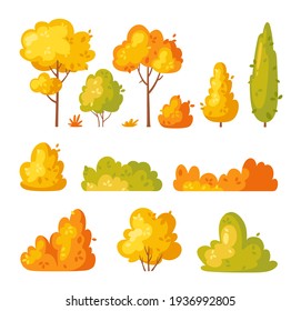 Arbusto amarillo en el jardín. Conjunto vectorial de matorrales, césped y árboles. Icono de dibujos animados para decorar parque paisajístico, patio trasero, bosque. Plantas de verano o otoño, árboles, setos, arbustos con ramas y hojas