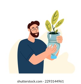 Jardinero Adulto Mejorando botellas plásticas creadas para la siembra.Corte de jarra utilizada para plantar plántulas, plantas, flores, jardinería.Reciclaje, reutilización.Reducción de residuos.Ilustración plana vectorial