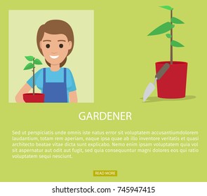 Gardener advertisement web page vector illustration. Yardman or landscape designer with flower pot and working tool, resume design