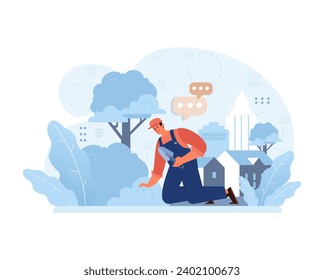 Gardener amidst cityscape, tending plants with dedication. Balancing nature's touch within urban sprawl, highlighting greenery's essence in metropolitan settings. Flat vector illustration