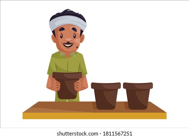 Gardener is arranging vase in a sequence. Vector graphic illustration. Individually on white background.