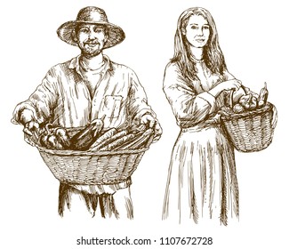 Gardener, basket of harvested vegetables. Hand drawn illustration.