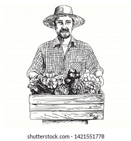 Gardener, basket of harvested vegetables. Hand drawn illustration.