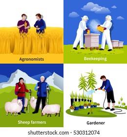 Gardener beekeepers sheep herders and crop crowing farmers at work 4 flat icons square composition isolated vector illustration 