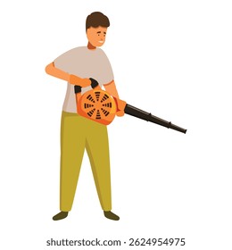 Gardener blowing leaves and debris using leaf blower, gardening tool for cleaning garden, modern garden equipment