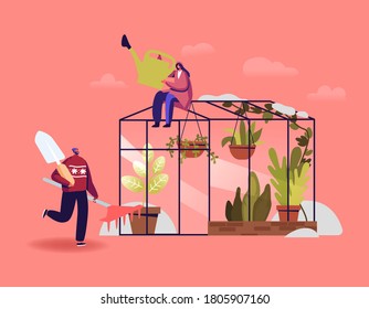 Personajes de jardineros o botánicos trabajando en el concepto de Jardín de Invierno. Gente Plantando Flores y Plantas Potadas en Aguas de Orangería de Efecto Invernadero, Fertilización y Tierras de Rasca. Ilustración del vector de dibujos animados