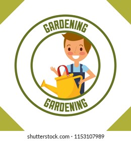gardener boy holding watering can label gardening
