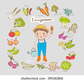 i am a gardener boy and vegetable vector illustration