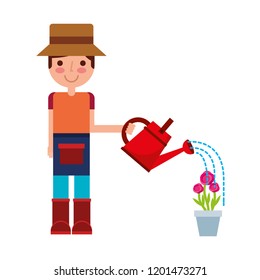 gardener boy watering can and potted flowers