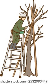 Un jardinero sostiene un árbol que está a punto de caer.