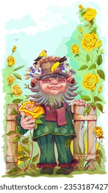 Gardener brownie gnome leprechaun stand near fence and hold yellow rose flower. Vector cartoon illustration