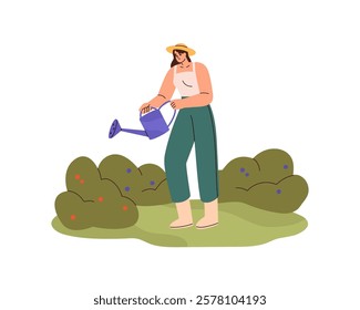 Gardener cares about garden with watering can. Woman farmer works on agriculture plants, berry bushes. Farm worker farming, landscaping. Flat isolated vector illustration on white background