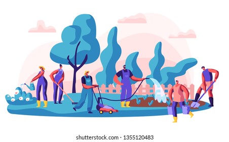 Gardener Caring of Residential Territory. Character Watering Bush and Flower, Digging and Working with Lawn Mower. Summer Vacation or Community Gardening. Flat Cartoon Vector Illustration