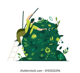 Gardener caring for Vertical Garden Green wall in interior Grower pruning plunt and leaves Evironment friendly Ecodesign for offices ecological Grass advertising for gardening Flat Vector illustration