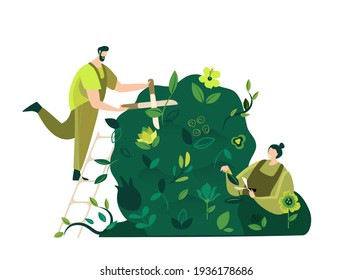 Gardener caring for Vertical Garden Green wall in interior Grower pruning plunt and leaves Evironment friendly Ecodesign for offices ecological Grass advertising for gardening Flat Vector illustration